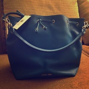 Scarlet Drawstring Shoulder Leather Handbag Blue
